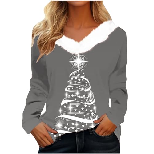 CUPOOD Weihnachtspullover Damen pelzigem V-Ausschnitt Spleißen Sweatshirt Langarm Weihnachten Pullover Slim Casual Christmas Sweat Base Oberteile Tops für Frauen Mädchen Party von CUPOOD