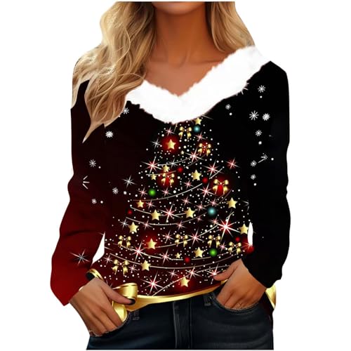 CUPOOD Weihnachtspullover Damen pelzigem V-Ausschnitt Spleißen Sweatshirt Langarm Weihnachten Pullover Slim Casual Christmas Sweat Base Oberteile Tops für Frauen Mädchen Party von CUPOOD