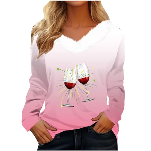 CUPOOD Weihnachtspullover Damen pelzigem V-Ausschnitt Spleißen Sweatshirt Langarm Weihnachten Pullover Slim Casual Christmas Sweat Base Oberteile Tops für Frauen Mädchen Party von CUPOOD