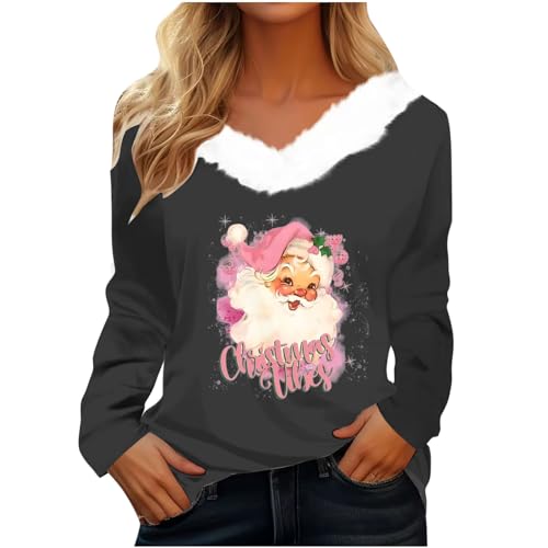 CUPOOD Weihnachtspullover Damen pelzigem V-Ausschnitt Spleißen Sweatshirt Langarm Weihnachten Pullover Slim Casual Christmas Sweat Base Oberteile Tops für Frauen Mädchen Party von CUPOOD