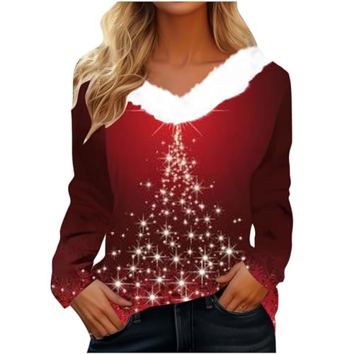 CUPOOD Weihnachtspullover Damen pelzigem V-Ausschnitt Spleißen Sweatshirt Langarm Weihnachten Pullover Slim Casual Christmas Sweat Base Oberteile Tops für Frauen Mädchen Party von CUPOOD