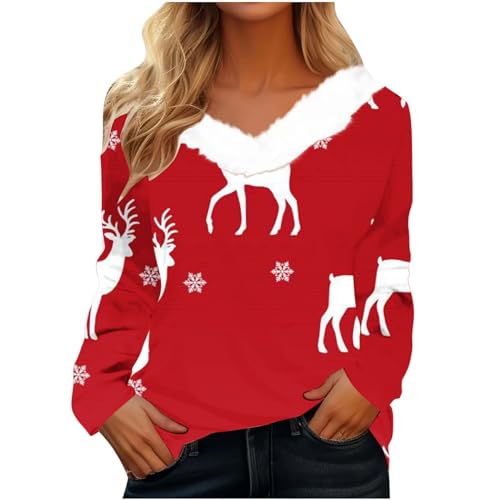 CUPOOD Weihnachtspullover Damen pelzigem V-Ausschnitt Spleißen Sweatshirt Langarm Weihnachten Pullover Slim Casual Christmas Sweat Base Oberteile Tops für Frauen Mädchen Party von CUPOOD