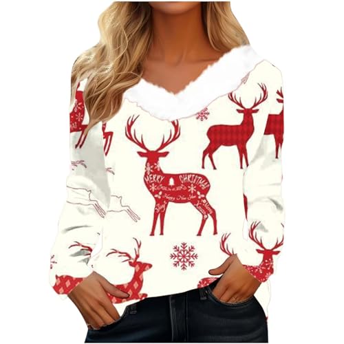 CUPOOD Weihnachtspullover Damen pelzigem V-Ausschnitt Spleißen Sweatshirt Langarm Weihnachten Pullover Slim Casual Christmas Sweat Base Oberteile Tops für Frauen Mädchen Party von CUPOOD