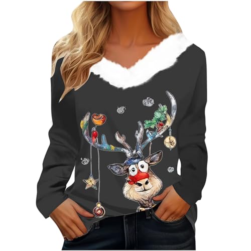 CUPOOD Weihnachtspullover Damen pelzigem V-Ausschnitt Spleißen Sweatshirt Langarm Weihnachten Pullover Slim Casual Christmas Sweat Base Oberteile Tops für Frauen Mädchen Party von CUPOOD