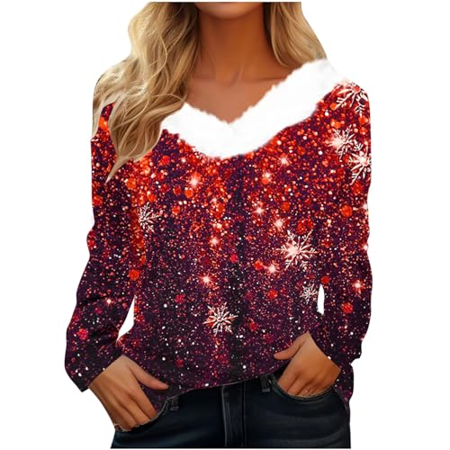 CUPOOD Weihnachtspullover Damen pelzigem V-Ausschnitt Spleißen Sweatshirt Langarm Weihnachten Pullover Slim Casual Christmas Sweat Base Oberteile Tops für Frauen Mädchen Party von CUPOOD