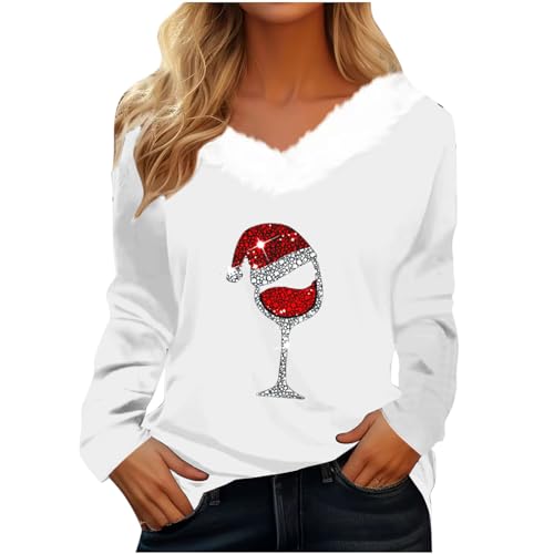 CUPOOD Weihnachtspullover Damen pelzigem V-Ausschnitt Spleißen Sweatshirt Langarm Weihnachten Pullover Slim Casual Christmas Sweat Base Oberteile Tops für Frauen Mädchen Party von CUPOOD