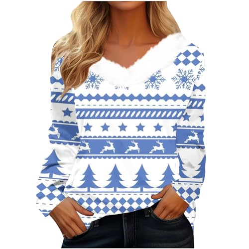 CUPOOD Weihnachtspullover Damen pelzigem V-Ausschnitt Spleißen Sweatshirt Langarm Weihnachten Pullover Slim Casual Christmas Sweat Base Oberteile Tops für Frauen Mädchen Party von CUPOOD