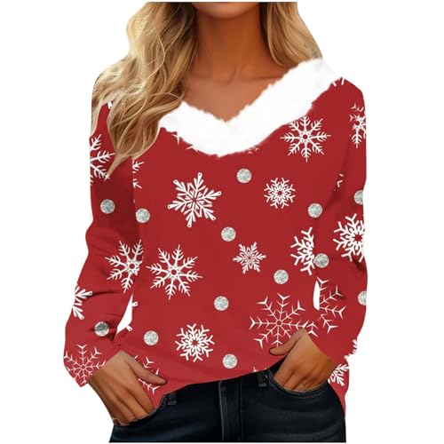 CUPOOD Weihnachtspullover Damen pelzigem V-Ausschnitt Spleißen Sweatshirt Langarm Weihnachten Pullover Slim Casual Christmas Sweat Base Oberteile Tops für Frauen Mädchen Party von CUPOOD