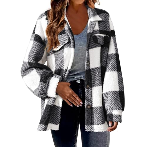 CUPOOD Winterjacke Damen Fleecejacke Teddy Revers Strickjacken Sweatjacke Winter Warm Kariertes Mantel Kein Hut lange Ärmel Sweatshirt mit Knöpfen und Tasche Jacke Outwear Mode Black 5XL von CUPOOD