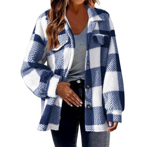 CUPOOD Winterjacke Damen Fleecejacke Teddy Revers Strickjacken Sweatjacke Winter Warm Kariertes Mantel Kein Hut lange Ärmel Sweatshirt mit Knöpfen und Tasche Jacke Outwear Mode Blue XL von CUPOOD