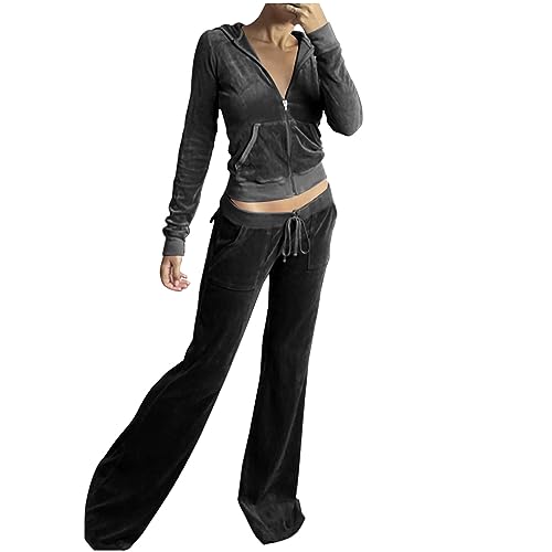 CUPOOD Zweiteiler Damen Y2K Hosenanzug 2 Teiler Samt Hose und Kapuzenpullover Reißverschluss Up Crop Hoodie Sweatshirt mit Kapuze Tasche Low Rise Flare Pants Mit Kordelzug Trainingsanzug Black M von CUPOOD