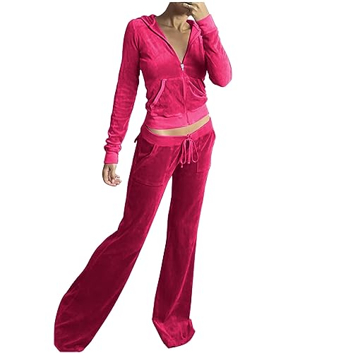 CUPOOD Zweiteiler Damen Y2K Hosenanzug 2 Teiler Samt Hose und Kapuzenpullover Reißverschluss Up Crop Hoodie Sweatshirt mit Kapuze Tasche Low Rise Flare Pants Mit Kordelzug Trainingsanzug Hot Pink S von CUPOOD