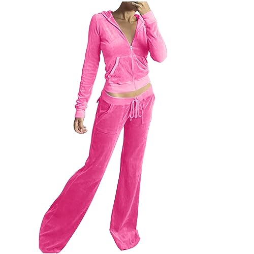 CUPOOD Zweiteiler Damen Y2K Hosenanzug 2 Teiler Samt Hose und Kapuzenpullover Reißverschluss Up Crop Hoodie Sweatshirt mit Kapuze Tasche Low Rise Flare Pants Mit Kordelzug Trainingsanzug Pink S von CUPOOD