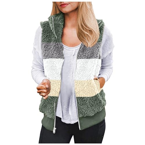 CUPOOD fleeceweste damen ärmellos Kein Hut Mit Tasche Teddy Fleece Weste Damen Farbblock verdicken Warm Damenweste Herbst Winter teddyjacke Stehkragen Weste mit Reißverschlusstaschen Schön Green 4XL von CUPOOD