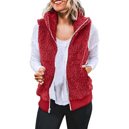 CUPOOD fleeceweste damen ärmellos Kein Hut Mit Tasche Teddy Fleece Weste Damen einfarbig verdicken Warm Damenweste Herbst Winter teddyjacke Stehkragen Weste mit Reißverschlusstaschen Täglich Red 3XL von CUPOOD