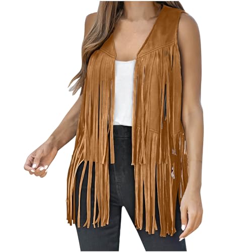 Damen Fransen Ärmellos Weste Quaste Hippie Kleidung 60er 70er Jahre Fransenweste Halloween Anzug Vintage Trendy Jacke Faschingskostüme Festlich Rave Outfit Party Clubwear Casual Streetwear Z Brown M von CUPOOD