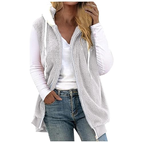 Fleeceweste Damen Mit Kapuze Plüschweste weich Kunstfell Teddy Fleece Hoodie Westen Mit Reißverschluss Outwear Bequem Ärmellos Cardigan Jacke Herbst Winter Übergangsweste Casual Flauschig weste Lose von CUPOOD