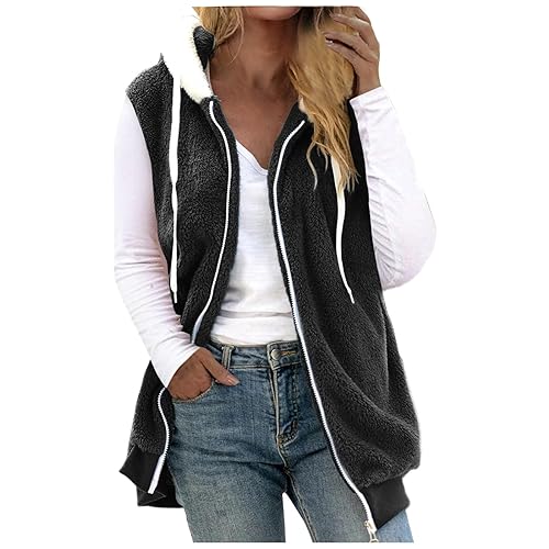 Fleeceweste Damen Mit Kapuze Plüschweste weich Kunstfell Teddy Fleece Hoodie Westen Mit Reißverschluss Outwear Bequem Ärmellos Cardigan Jacke Herbst Winter Übergangsweste Casual Flauschig weste Lose von CUPOOD