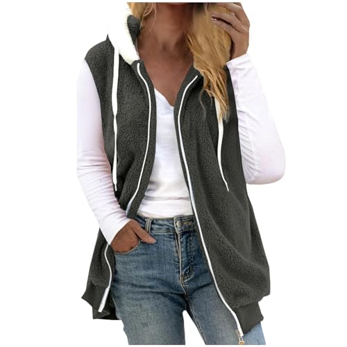 Fleeceweste Damen Mit Kapuze Plüschweste weich Kunstfell Teddy Fleece Hoodie Westen Mit Reißverschluss Outwear Bequem Ärmellos Cardigan Jacke Herbst Winter Übergangsweste Casual Flauschig weste Lose von CUPOOD