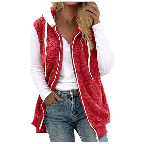 Fleeceweste Damen Mit Kapuze Plüschweste weich Kunstfell Teddy Fleece Hoodie Westen Mit Reißverschluss Outwear Bequem Ärmellos Cardigan Jacke Herbst Winter Übergangsweste Casual Flauschig weste Lose von CUPOOD