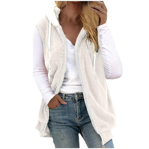 Fleeceweste Damen Mit Kapuze Plüschweste weich Kunstfell Teddy Fleece Hoodie Westen Mit Reißverschluss Outwear Bequem Ärmellos Cardigan Jacke Herbst Winter Übergangsweste Casual Flauschig weste Lose von CUPOOD