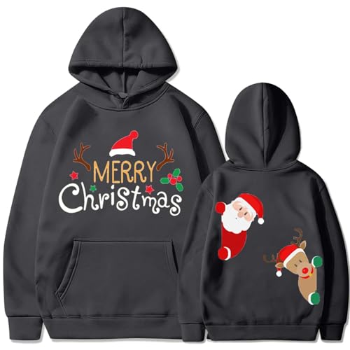 Hoodie Damen Weihnachtspullover Pullover Weihnachtsdruck Kapuzenpullover Lange Ärmel Christmas Sweatjacke mit Kapuze Herbst Winter Mit Tasche Vlies Pulli Sweatshirt Outerwear Warme Casual Dark Gray von CUPOOD