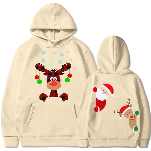 Hoodie Damen Weihnachtspullover Pullover Weihnachtsdruck Kapuzenpullover Lange Ärmel Christmas Sweatjacke mit Kapuze Herbst Winter Mit Tasche Vlies Pulli Sweatshirt Outerwear Warme Casual E Khaki von CUPOOD