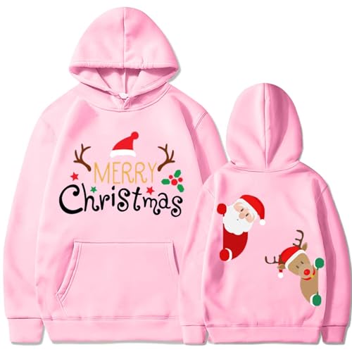 Hoodie Damen Weihnachtspullover Pullover Weihnachtsdruck Kapuzenpullover Lange Ärmel Christmas Sweatjacke mit Kapuze Herbst Winter Mit Tasche Vlies Pulli Sweatshirt Outerwear Warme Casual Pink M von CUPOOD