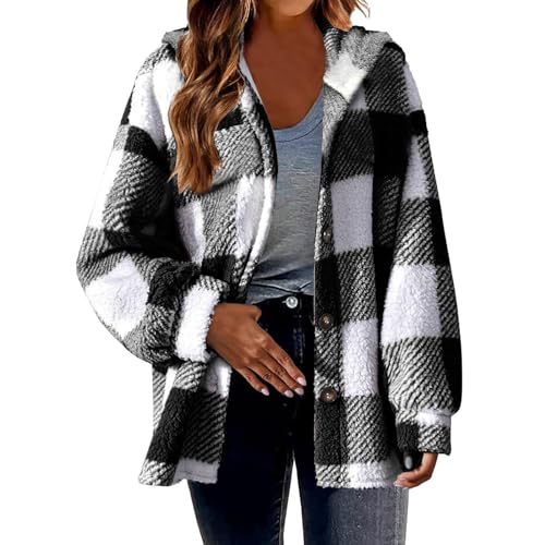 Kapuzenjacke Damen Fleecejacke Langarm Hoodie Teddy Fleece Mantel Kariert Warm Winterjacke verdicken jacke elegant Plüschjacke karierter Druck teddyjacke Knopfverschluss Vintage Mode Z1 Black S von CUPOOD