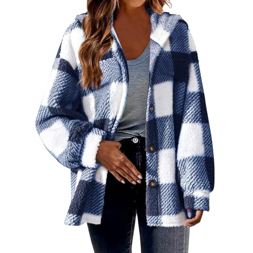 Kapuzenjacke Damen Fleecejacke Langarm Hoodie Teddy Fleece Mantel Kariert Warm Winterjacke verdicken jacke elegant Plüschjacke karierter Druck teddyjacke Knopfverschluss Vintage Mode Z1 Blue XL von CUPOOD