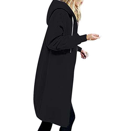 Kapuzenjacke Damen Lang Sweatjacke Frauen Mit Kapuze Plus Samt Warm Winterjacke Langarm Mit Reißverschluss und Große Tasche Sweatshirt Einfarbig Elegant Hoodies Mantel Herbst Winter Schwarz 4XL von CUPOOD