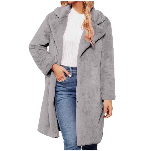 Kunstfelljacken Für Damen lang Kunstfell Jacke Mädchen Revers Winter Pelzjacken Felljacke Frauen Casual Fell Winterjacken warm halten Teddyfell Plüschmantel Oberteile elegant Herbst und Winter Gray S von CUPOOD