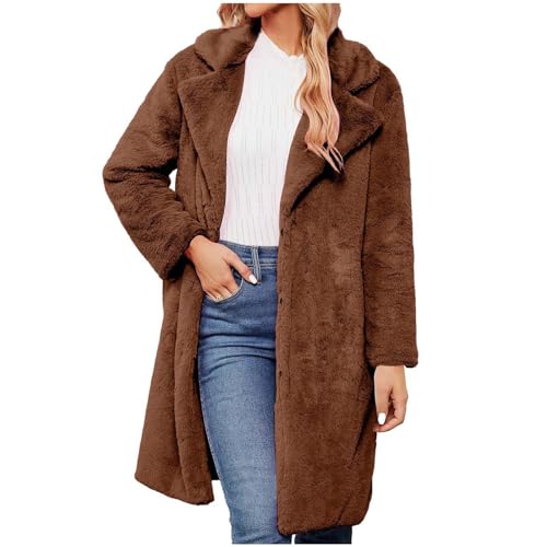 Kunstfelljacken Für Damen lang Kunstfell Jacke Mädchen Revers Winter Pelzjacken Felljacke Frauen Casual Fell Winterjacken warm halten Teddyfell Plüschmantel Oberteile elegant Herbst und Winter Coffee von CUPOOD