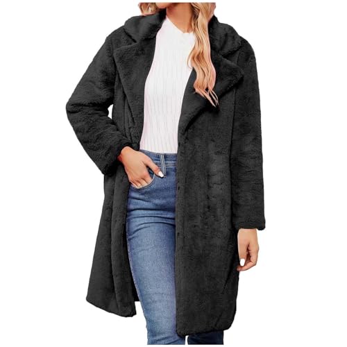 Kunstfelljacken Für Damen lang Kunstfell Jacke Mädchen Revers Winter Pelzjacken Felljacke Frauen Casual Fell Winterjacken warm halten Teddyfell Plüschmantel Oberteile elegant Herbst und Winter Black von CUPOOD