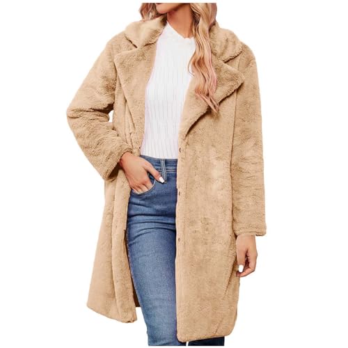 Kunstfelljacken Für Damen lang Kunstfell Jacke Mädchen Revers Winter Pelzjacken Felljacke Frauen Casual Fell Winterjacken warm halten Teddyfell Plüschmantel Oberteile elegant Herbst und Winter Khaki von CUPOOD