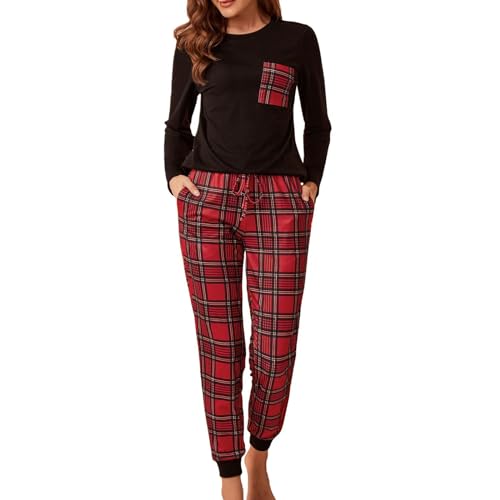 Pyjama Damen Baumwolle Schlafanzug Lang Zweiteiliger Nachtwäsche Raglanärmel Gitter Rundhals Sleepwear und Karierte Pyjamahose Mit Tasche Hausanzug Freizeitanzug Herbst und Winter Loose Z4 Black S von CUPOOD