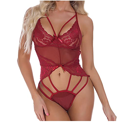 Sexy Dessous Damen Für Sex Unterwäsche Bodysuit Spitze Dessous V-Ausschnitt Lingerie Stringbody Hollow Out Erotische Lingerie Reizwäsche Leotard Perspektive Bodysuits Spaghetti-Träger Frauen B Red M von CUPOOD