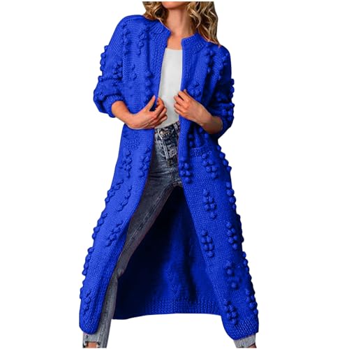 Strickjacken für damen einfarbige Plüschjacke Keine Taschen lange Ärmel Rundhals winterjacke damen lang Warme Jacke mit Trommelwellenmuster schmaler langer MantelMode Herbst und Winter Elegant Blue von CUPOOD