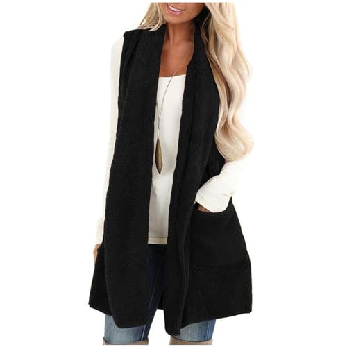 Teddyjacke Damen ärmellos Teddy Weste Kein Hut mittlere Länge Damenwesten Jacke Weste Mit Tasche Fleeceweste Elegance Freizeit Plüschjacke Herbst Winter Warm Cardigan Frauen Winterjacke Black L von CUPOOD