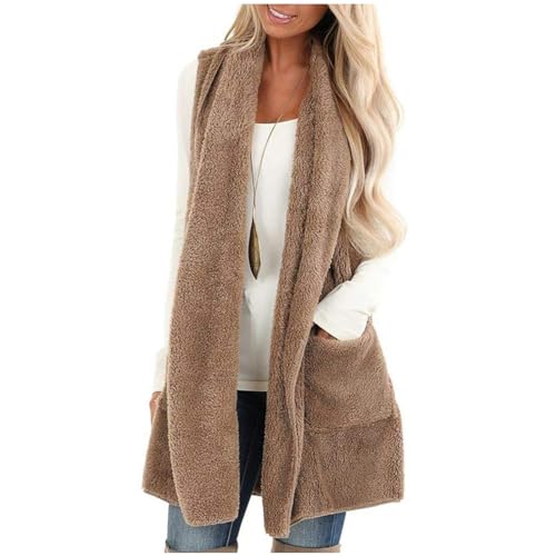 Teddyjacke Damen ärmellos Teddy Weste Kein Hut mittlere Länge Damenwesten Jacke Weste Mit Tasche Fleeceweste Elegance Freizeit Plüschjacke Herbst Winter Warm Cardigan Frauen Winterjacke Khaki S von CUPOOD