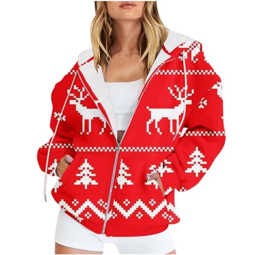 Zipper Hoodie Damen Kapuzenjacke Oversize Kapuzenpullover Weihnachtsdruck Premium weihnachtlich bedrucktes Sweatjacke Casual College Jacke Mit Kapuze Übergangsjacke Leichter Sweatshirt Top Winter von CUPOOD