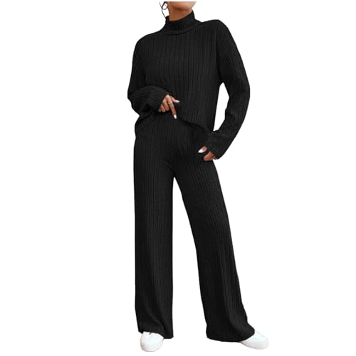 Zweiteiler Damen Strick Pullover Und Freizeithose Set 2 Teiler Strickanzug Freizeitanzug Einfarbig Gestrickte Outfits Lässiger Pyjama Trainingsanzug Lounge Top Hosen Zweiteilig Set Modisch 002-Black von CUPOOD