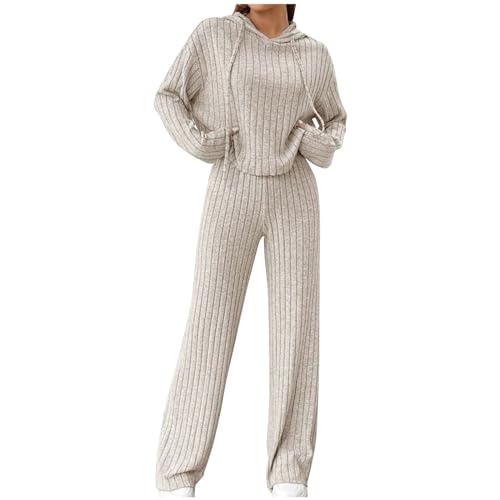 Zweiteiler Damen Strick Pullover Und Freizeithose Set 2 Teiler Strickanzug Freizeitanzug Einfarbig Gestrickte Outfits Lässiger Pyjama Trainingsanzug Lounge Top Hosen Zweiteilig Set Modisch 004-Beige von CUPOOD