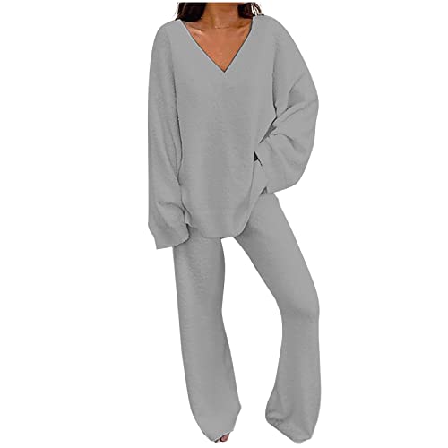 Zweiteiler Damen Strick Pullover Und Freizeithose Set 2 Teiler Strickanzug Freizeitanzug Einfarbig Gestrickte Outfits Lässiger Pyjama Trainingsanzug Lounge Top Hosen Zweiteilig Set Modisch 006-Gray von CUPOOD