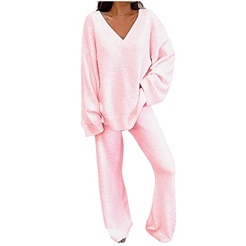 Zweiteiler Damen Strick Pullover Und Freizeithose Set 2 Teiler Strickanzug Freizeitanzug Einfarbig Gestrickte Outfits Lässiger Pyjama Trainingsanzug Lounge Top Hosen Zweiteilig Set Modisch 006-Pink von CUPOOD