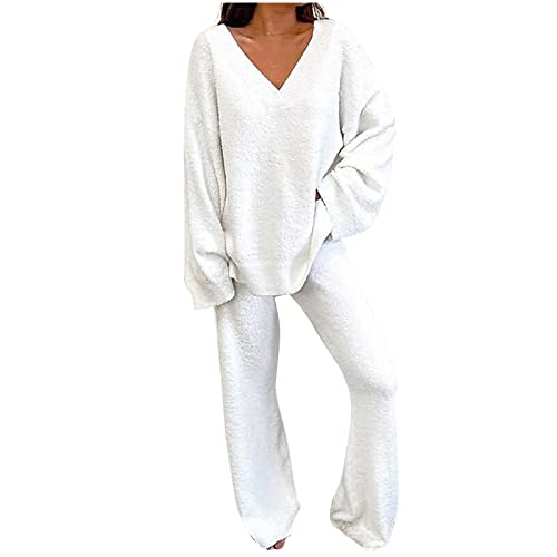 Zweiteiler Damen Strick Pullover Und Freizeithose Set 2 Teiler Strickanzug Freizeitanzug Einfarbig Gestrickte Outfits Lässiger Pyjama Trainingsanzug Lounge Top Hosen Zweiteilig Set Modisch 006-White von CUPOOD