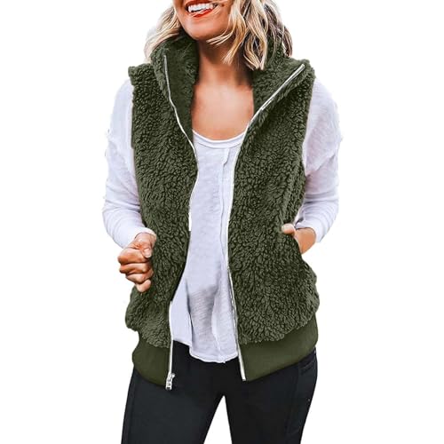 fleeceweste damen ärmellos Kein Hut Mit Tasche Teddy Fleece Weste Damen einfarbig verdicken Warm Damenweste Herbst Winter teddyjacke Stehkragen Weste mit Reißverschlusstaschen Täglich Army Green XXL von CUPOOD