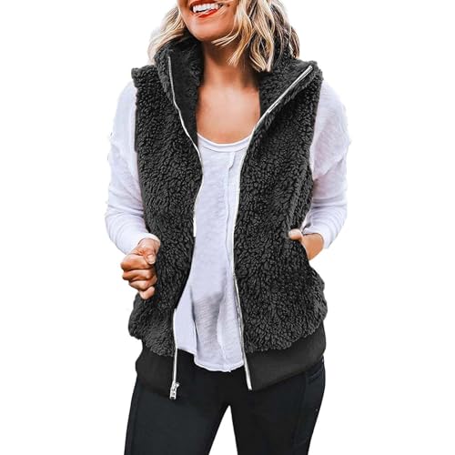 fleeceweste damen ärmellos Kein Hut Mit Tasche Teddy Fleece Weste Damen einfarbig verdicken Warm Damenweste Herbst Winter teddyjacke Stehkragen Weste mit Reißverschlusstaschen Täglich Black 3XL von CUPOOD