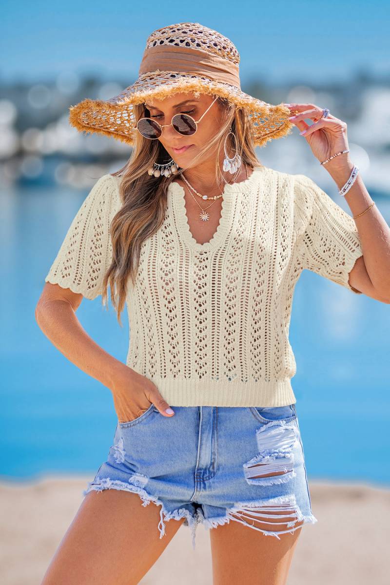 Beiges Kurzarm Strick-Cropped-Strandtop von CUPSHE