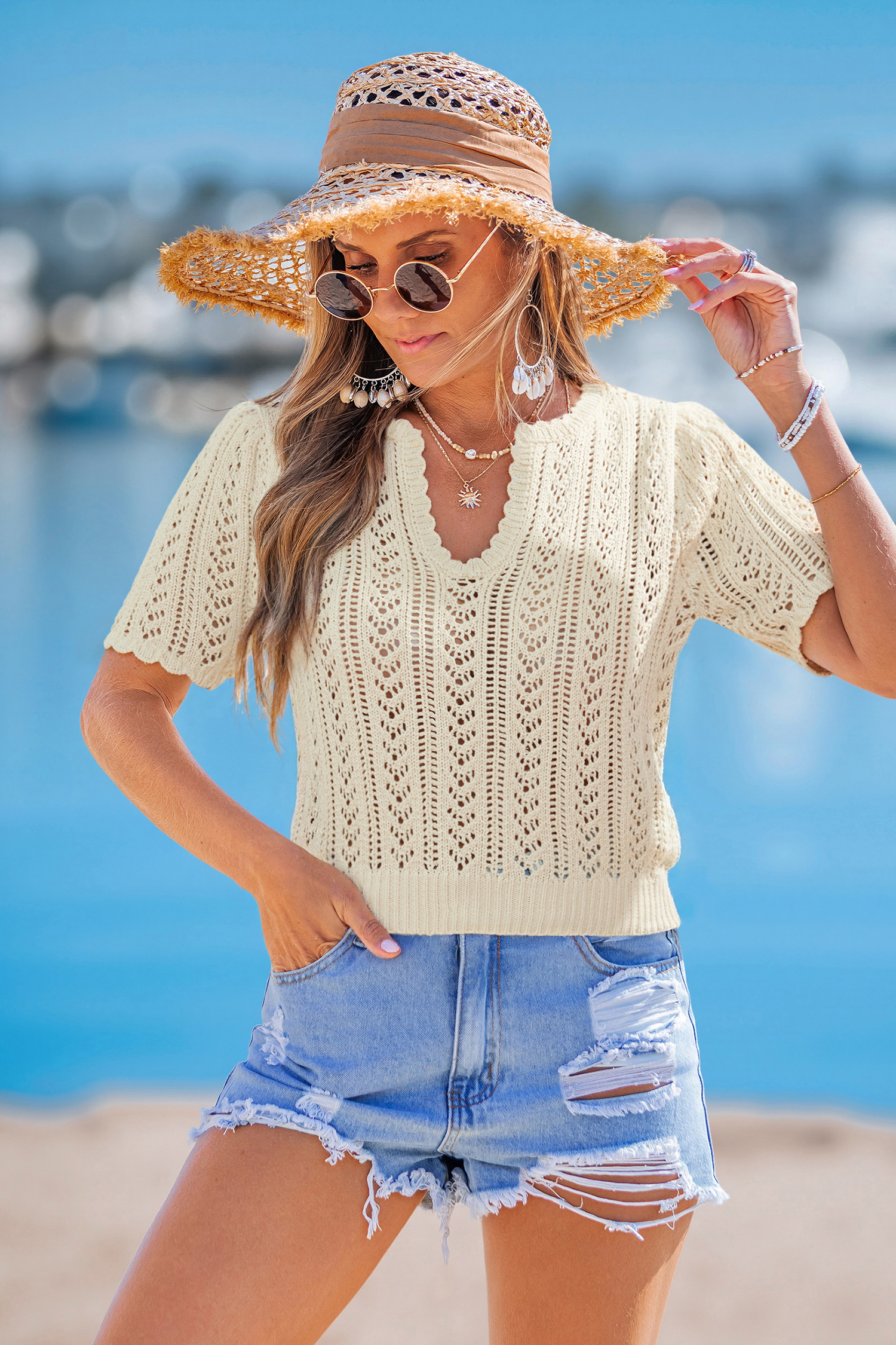 Beiges Kurzarm Strick-Cropped-Strandtop von CUPSHE